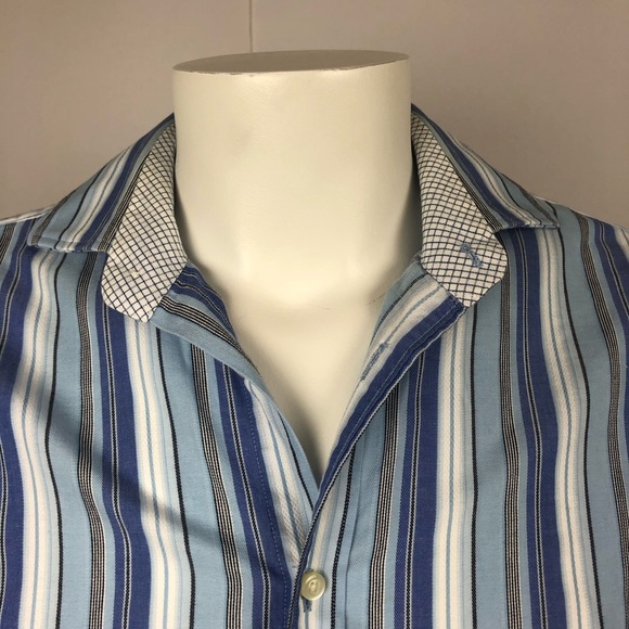 Thomas Dean Men's Blue Striped Button Down Dress Shirt Medium 100% Cotton - Picture 2 of 10